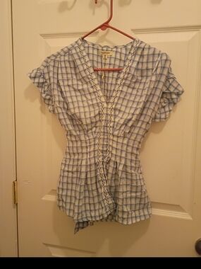 Max Studio Light Blue & White Plaid Wrap Blouse